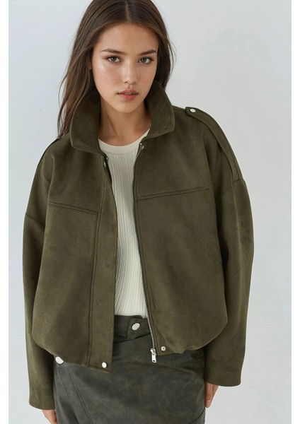 Kadın Yumuşak Dokulu Süet Bomber Ceket Haki Yeşil