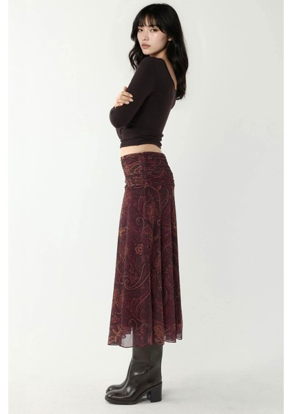 Kadın Büzgü Detaylı Desenli Midi Etek Mocha Kahvesi