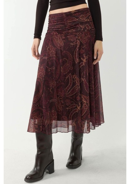 Kadın Büzgü Detaylı Desenli Midi Etek Mocha Kahvesi