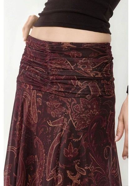 Kadın Büzgü Detaylı Desenli Midi Etek Mocha Kahvesi fiyatları