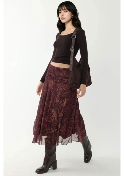 Kadın Büzgü Detaylı Desenli Midi Etek Mocha Kahvesi modelleri