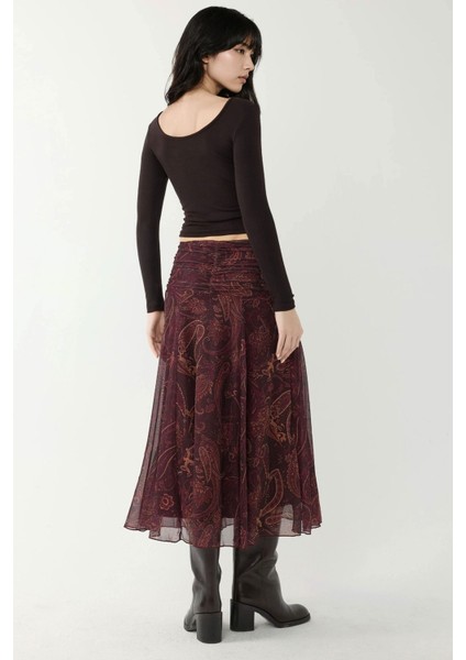 Kadın Büzgü Detaylı Desenli Midi Etek Mocha Kahvesi fırsatları