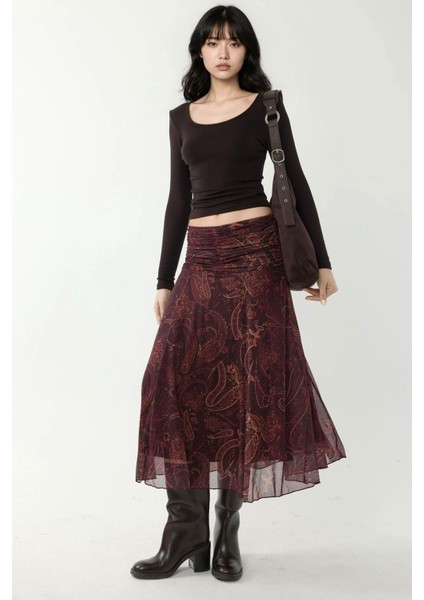 Kadın Büzgü Detaylı Desenli Midi Etek Mocha Kahvesi indirimleri