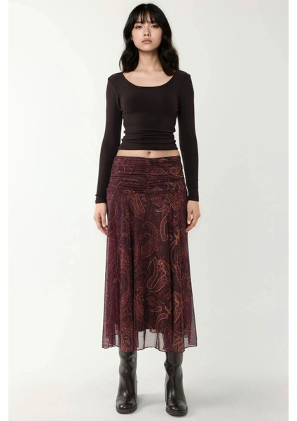 Kadın Büzgü Detaylı Desenli Midi Etek Mocha Kahvesi