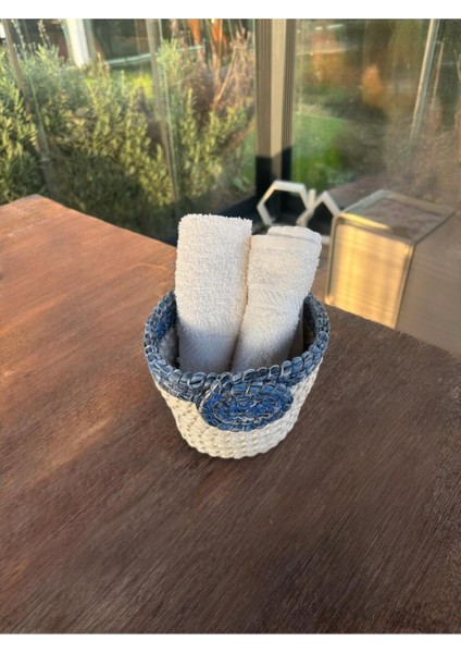 Gül Detaylı Hasır Görünümlü El Yapımı Mini Sepet – Lacivert - Beyaz modelleri