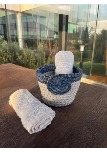 Gül Detaylı Hasır Görünümlü El Yapımı Mini Sepet – Lacivert - Beyaz fırsatları