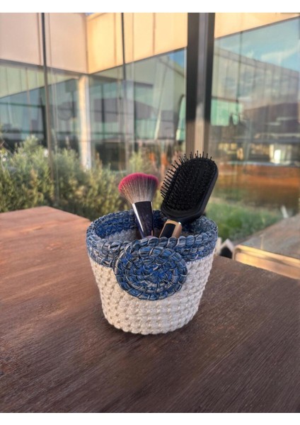 Gül Detaylı Hasır Görünümlü El Yapımı Mini Sepet – Lacivert - Beyaz indirimleri