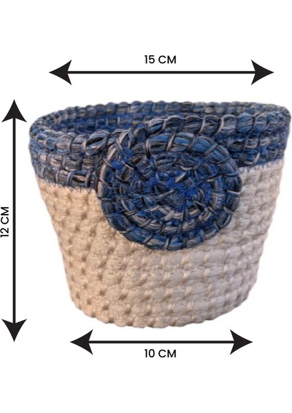 Gül Detaylı Hasır Görünümlü El Yapımı Mini Sepet – Lacivert - Beyaz