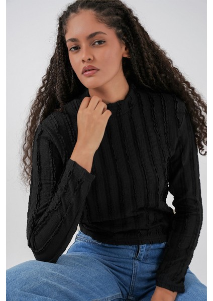 Kadın Bdart Dokulu Slim Fit Dik Yaka Bluz Siyah modelleri