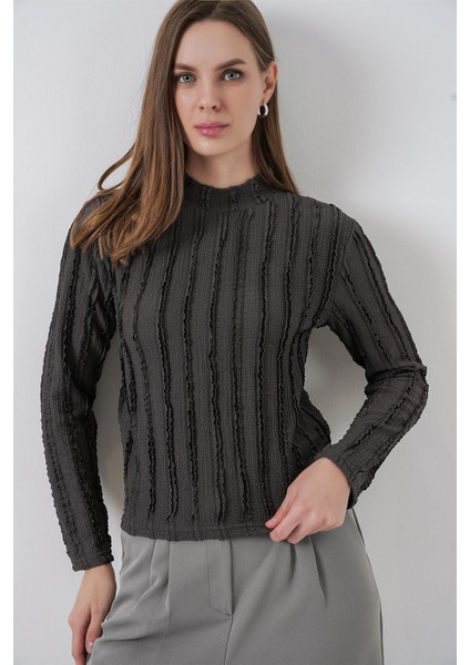 Kadın Bdart Dokulu Slim Fit Dik Yaka Bluz Kömür Grisi