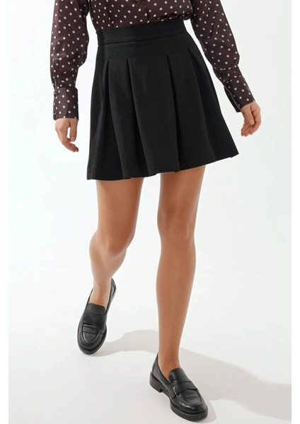 Kadın Fermuarlı Pileli Mini Etek Siyah