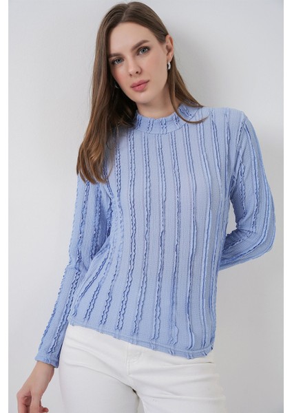 Kadın Bdart Dokulu Slim Fit Dik Yaka Bluz Maya Mavisi