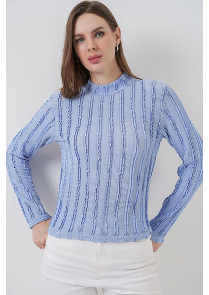 Kadın Bdart Dokulu Slim Fit Dik Yaka Bluz Maya Mavisi fırsatları