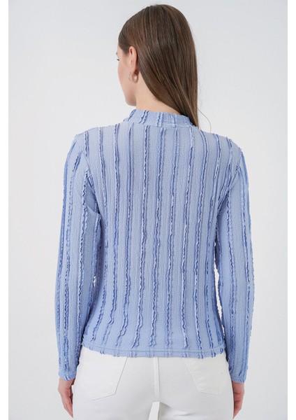 Kadın Bdart Dokulu Slim Fit Dik Yaka Bluz Maya Mavisi