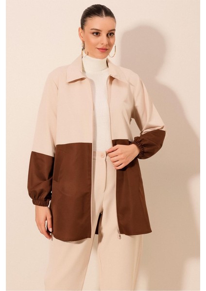 Kadın Bdart Fermuarlı Renk Bloklu Trençkot Mocha Kahvesi