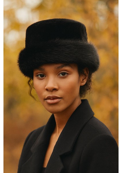 Yuvarlak Suni Kürk Şapka - Siyah Kışlık Boho Bucket Hat