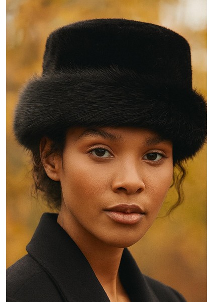 Yuvarlak Suni Kürk Şapka - Siyah Kışlık Boho Bucket Hat fiyatları