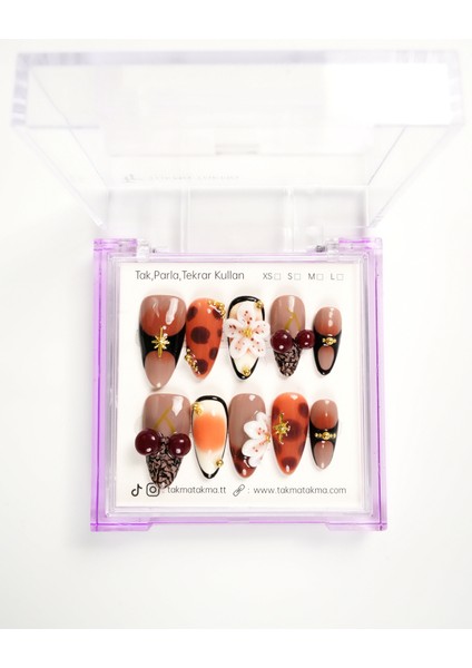 10'lu Kahve Uzun Badem UBD1529 Tekrar Kullanılabilir El Yapımı Protez Takma Tırnak Kahverengi-Xs modelleri