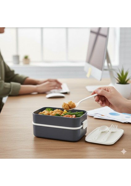 Lunch Box Kendinden Çatal Kaşıklı Estetik 2 Katlı Taşınabilir Yemek Kabı