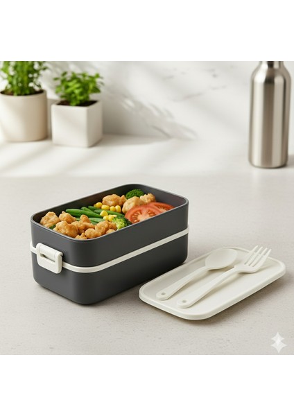 Lunch Box Kendinden Çatal Kaşıklı Estetik 2 Katlı Taşınabilir Yemek Kabı modelleri