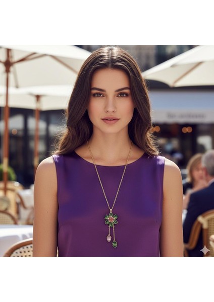 Yeşil Taşlı Çiçek Kolye - Altın Renk Çelik