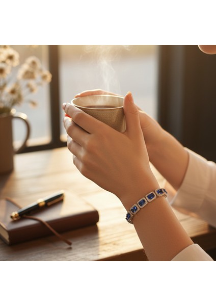 Gümüş Mavi Zirkon Taşlı 925 Ayar Kadın Bileklik - Doğum Günü, Sevgililer Günü, Anneler Günü, Yıldönümü Hediyesi - 19.5 cm