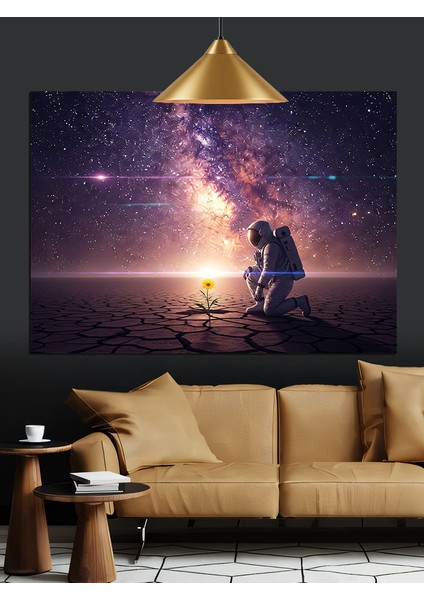 Yıldızlar Altında Astronot ve Çiçek Dekoratif Kanvas - Mdf Ahşap Tablo