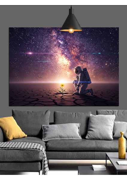 Yıldızlar Altında Astronot ve Çiçek Dekoratif Kanvas - Mdf Ahşap Tablo fiyatları