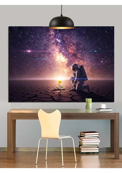 Yıldızlar Altında Astronot ve Çiçek Dekoratif Kanvas - Mdf Ahşap Tablo fırsatları