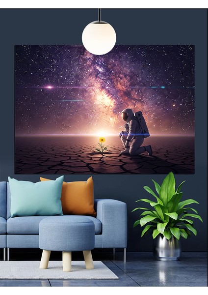 Yıldızlar Altında Astronot ve Çiçek Dekoratif Kanvas - Mdf Ahşap Tablo indirimleri