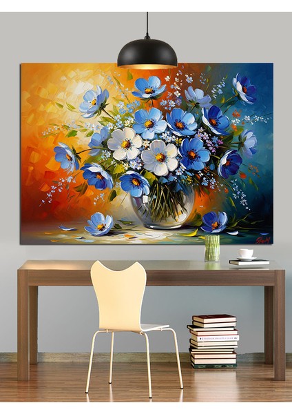 Mavi Çiçekler Vazoda Detay Dekoratif Kanvas - Mdf Ahşap Tablo