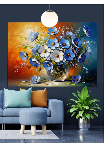 Mavi Çiçekler Vazoda Detay Dekoratif Kanvas - Mdf Ahşap Tablo fiyatları