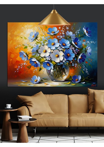 Mavi Çiçekler Vazoda Detay Dekoratif Kanvas - Mdf Ahşap Tablo modelleri