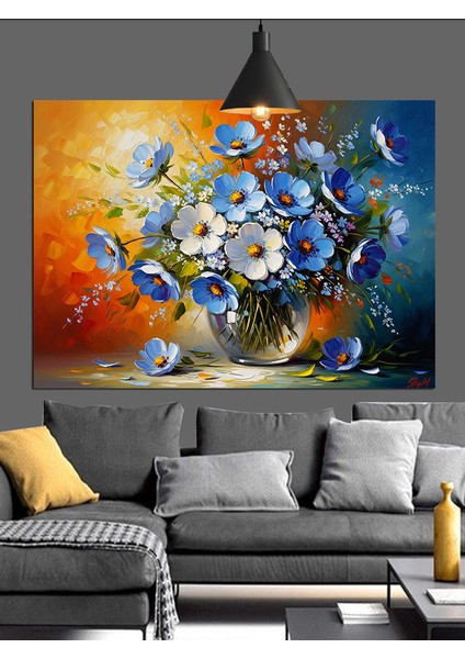 Mavi Çiçekler Vazoda Detay Dekoratif Kanvas - Mdf Ahşap Tablo fırsatları