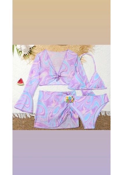 Mayo Bikini Takımı Etek Büstiyer Renkli Mor Renk Genç Kız Çocuk