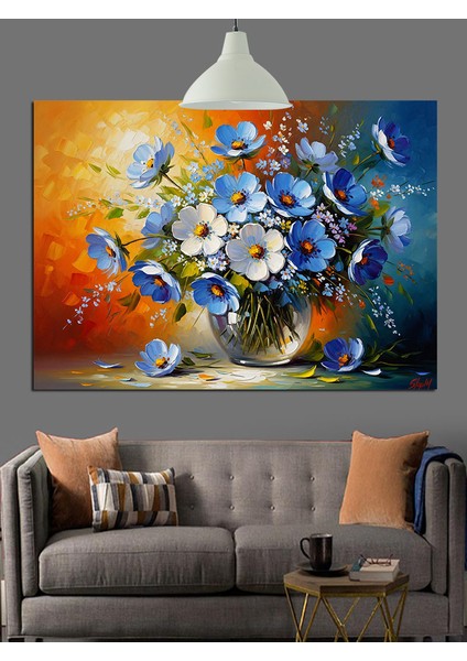 Mavi Çiçekler Vazoda Detay Dekoratif Kanvas - Mdf Ahşap Tablo indirimleri
