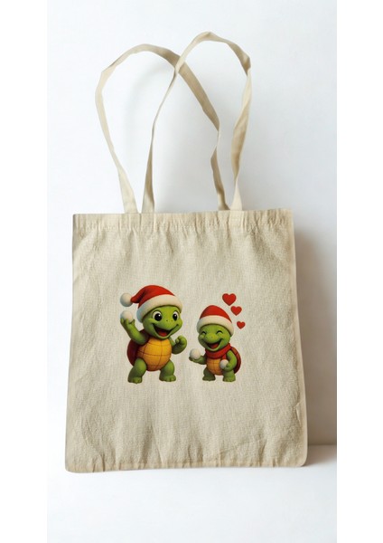Middles & Niddles Özel Tasarım Yılbaşı Bez Çanta – Kanvas Kumaş, Dayanıklı, Sevimli Kaplumbağa Baskı