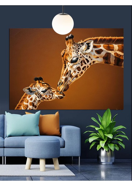 Anne Zürafa Yavrusu Sevgi Dekoratif Kanvas - Mdf Ahşap Tablo