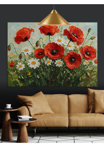 Kırmızı Gelincik Çiçek Tarlası Dekoratif Kanvas - Mdf Ahşap Tablo