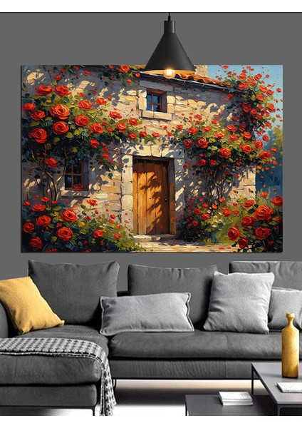 Rustik Taş Duvar Çiçekler Dekoratif Kanvas - Mdf Ahşap Tablo