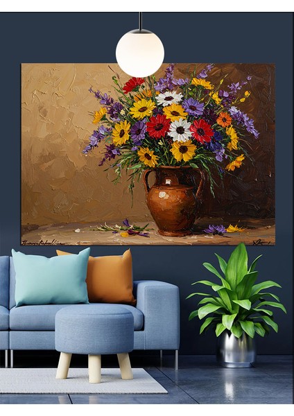Bahar Çiçekleriyle Bir Vazo Natürmort Dekoratif Kanvas - Mdf Ahşap Tablo