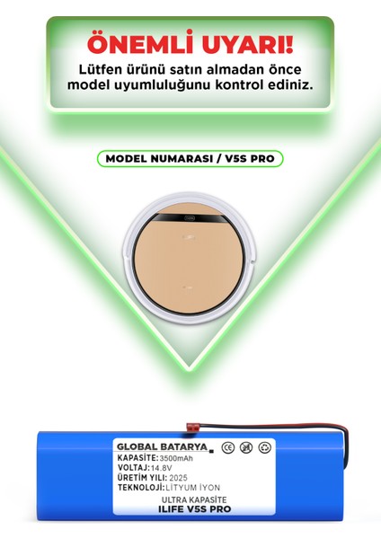 Ilıfe V5S Pro Uyumlu Robot Süpürge Bataryası 14.8V 3500MAH Li-Ion Pil (Ultra Kapasite) indirimleri