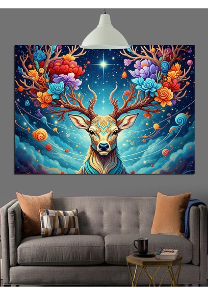 Çiçekli Geyik Orman Sanatı Dekoratif Kanvas - Mdf Ahşap Tablo