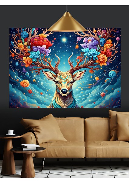 Çiçekli Geyik Orman Sanatı Dekoratif Kanvas - Mdf Ahşap Tablo fırsatları