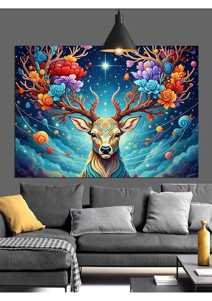 Çiçekli Geyik Orman Sanatı Dekoratif Kanvas - Mdf Ahşap Tablo indirimleri
