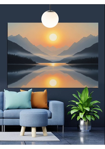 Gün Batımı Yansıma Göl Manzarası Dekoratif Kanvas - Mdf Ahşap Tablo