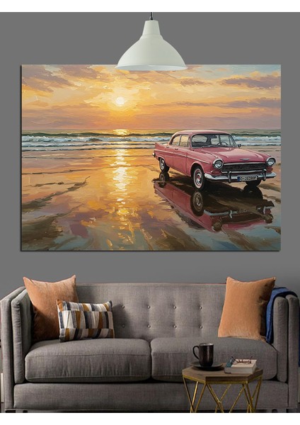 Pembe Klasik Araba Plaj Dekoratif Kanvas - Mdf Ahşap Tablo