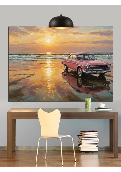 Pembe Klasik Araba Plaj Dekoratif Kanvas - Mdf Ahşap Tablo fiyatları