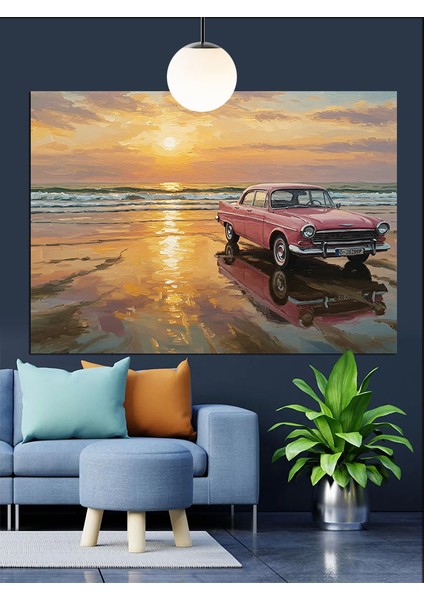 Pembe Klasik Araba Plaj Dekoratif Kanvas - Mdf Ahşap Tablo modelleri