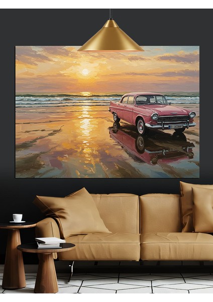 Pembe Klasik Araba Plaj Dekoratif Kanvas - Mdf Ahşap Tablo fırsatları